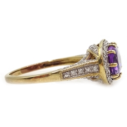  9ct gold (tested) oval amethyst and diamond ring  