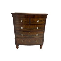 Victorian mahogany bow front chest, two short and three long drawers fitted with glass handles, on turned feet