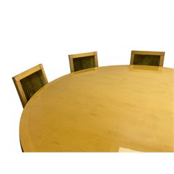 Contemporary beech and maple dining table, circular top on tapered cylindrical pedestal inlaid with rectangular panels, on circular base; together with set eight beech high back chairs upholstered in striped fabric, on turned supports 