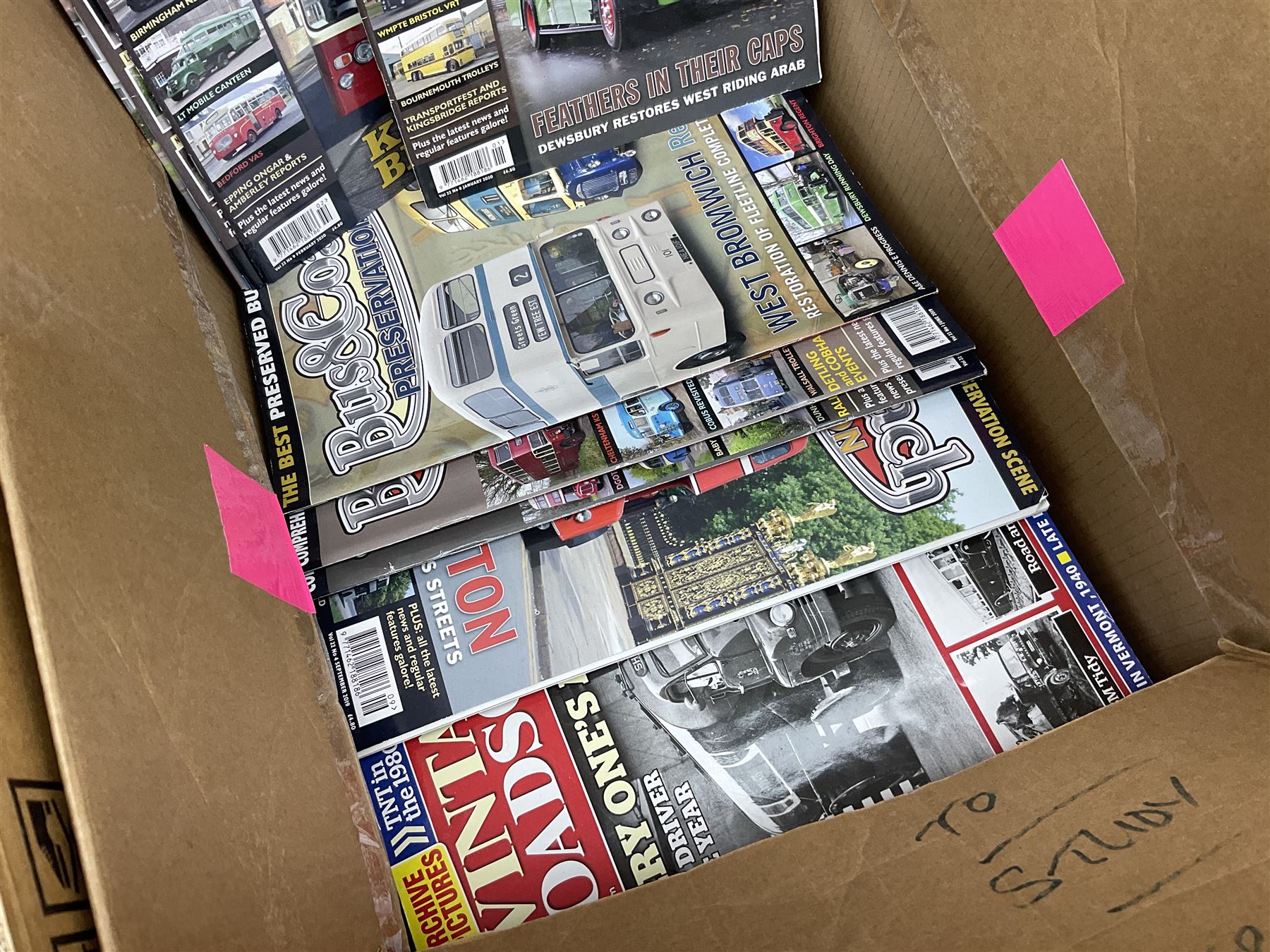 Collection of bus related magazines dating from the 1960s and later, to include Buses Illustrated Magazine, by Ian Allen, Bus & Coach Preservation magazine, Bus Fayre magazine, together with books relating to trans, railway interest etc in six boxes