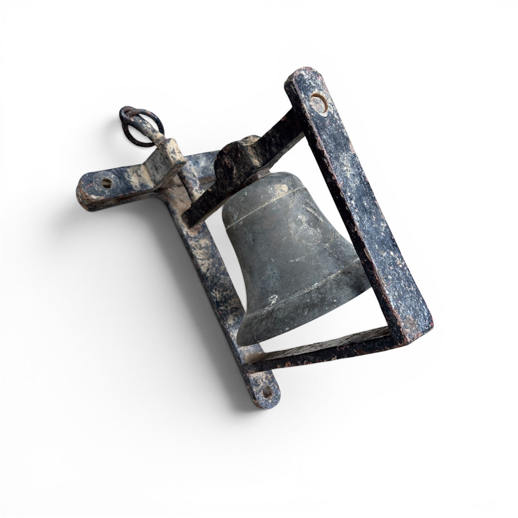 19th century cast iron outdoor bell bracket with bronze bell, lever action, finished in black paint