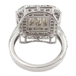 White gold baguette and round brilliant cut diamond cluster ring, with diamond set shoulders, hallmarked 9ct, total diamond weight 2.75 carat