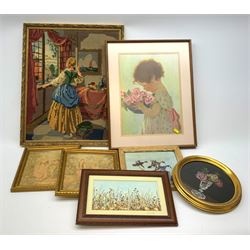 A group of assorted framed needleworks, to include a number of tapestries, beadwork picture, and framed pressed flowers. (7).