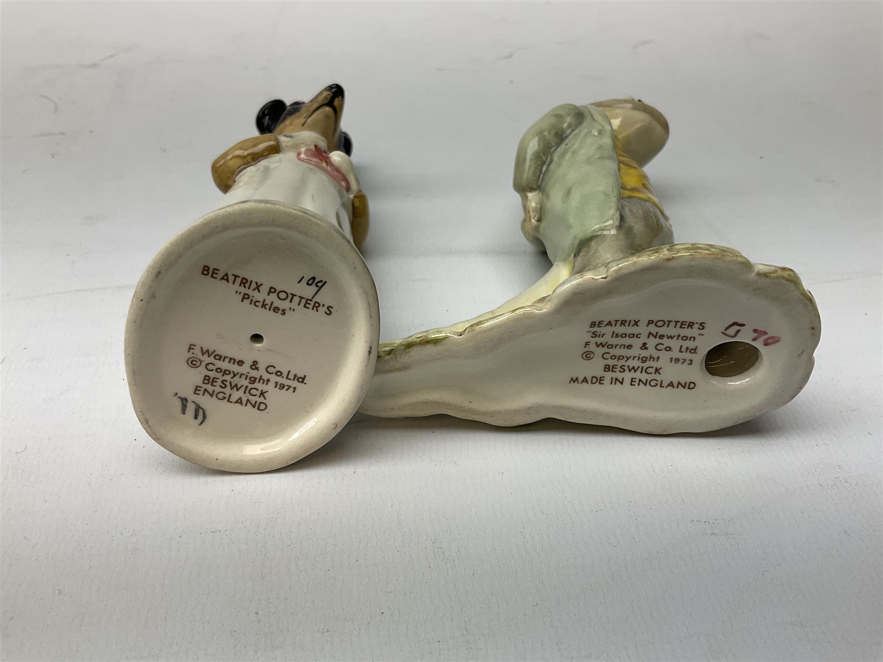 Seven Beswick Beatrix Potter figures, comprising Sir Isaac Newton, Mr Jackson, Tommy Brock, Pickles, Mr Jeremy Fisher, Mr Alderman Ptolemy and Sally Henny Penny, all with printed mark beneath  