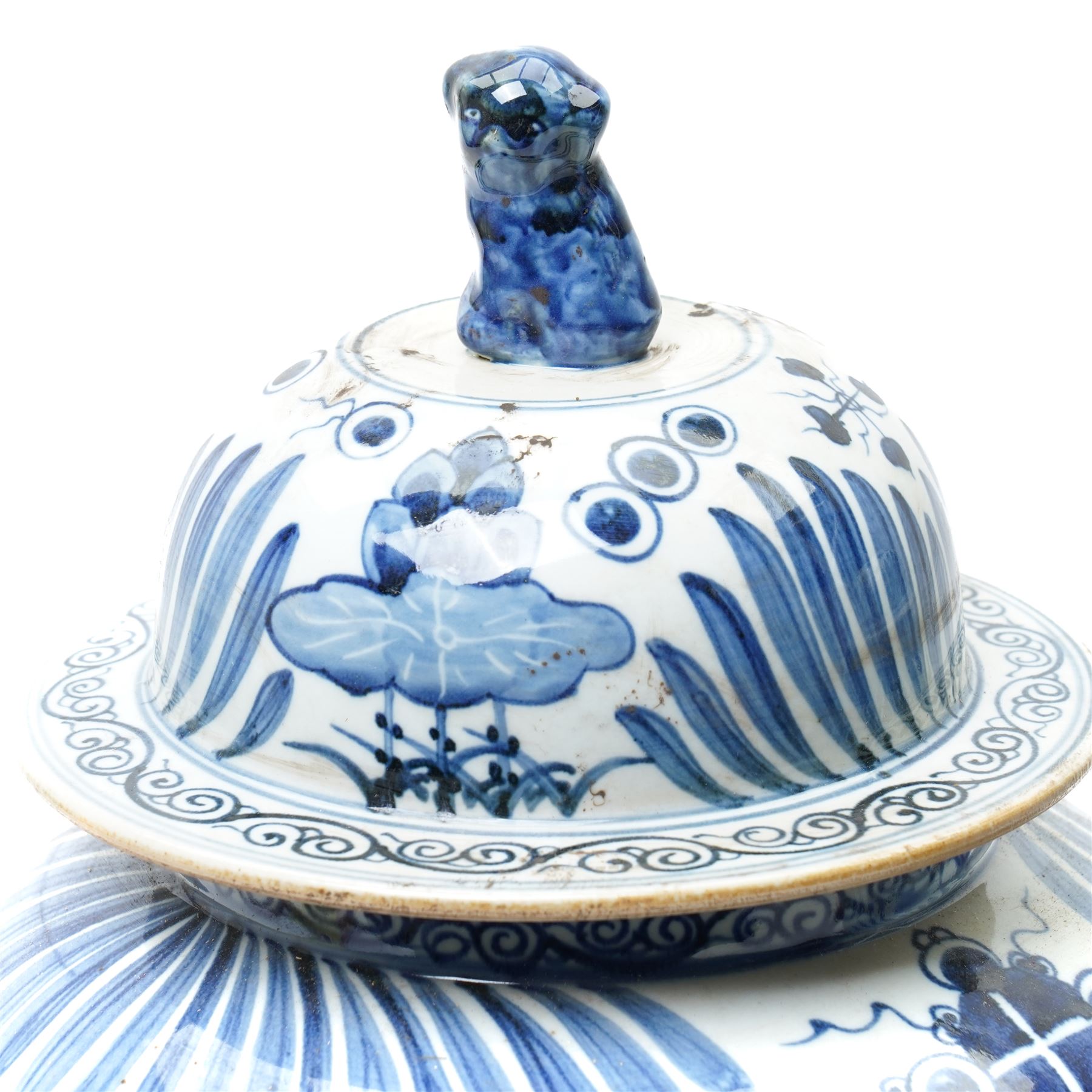 Pair of Chinese blue and white jars and covers, of baluster form, hand painted with fish and foliage, H50cm