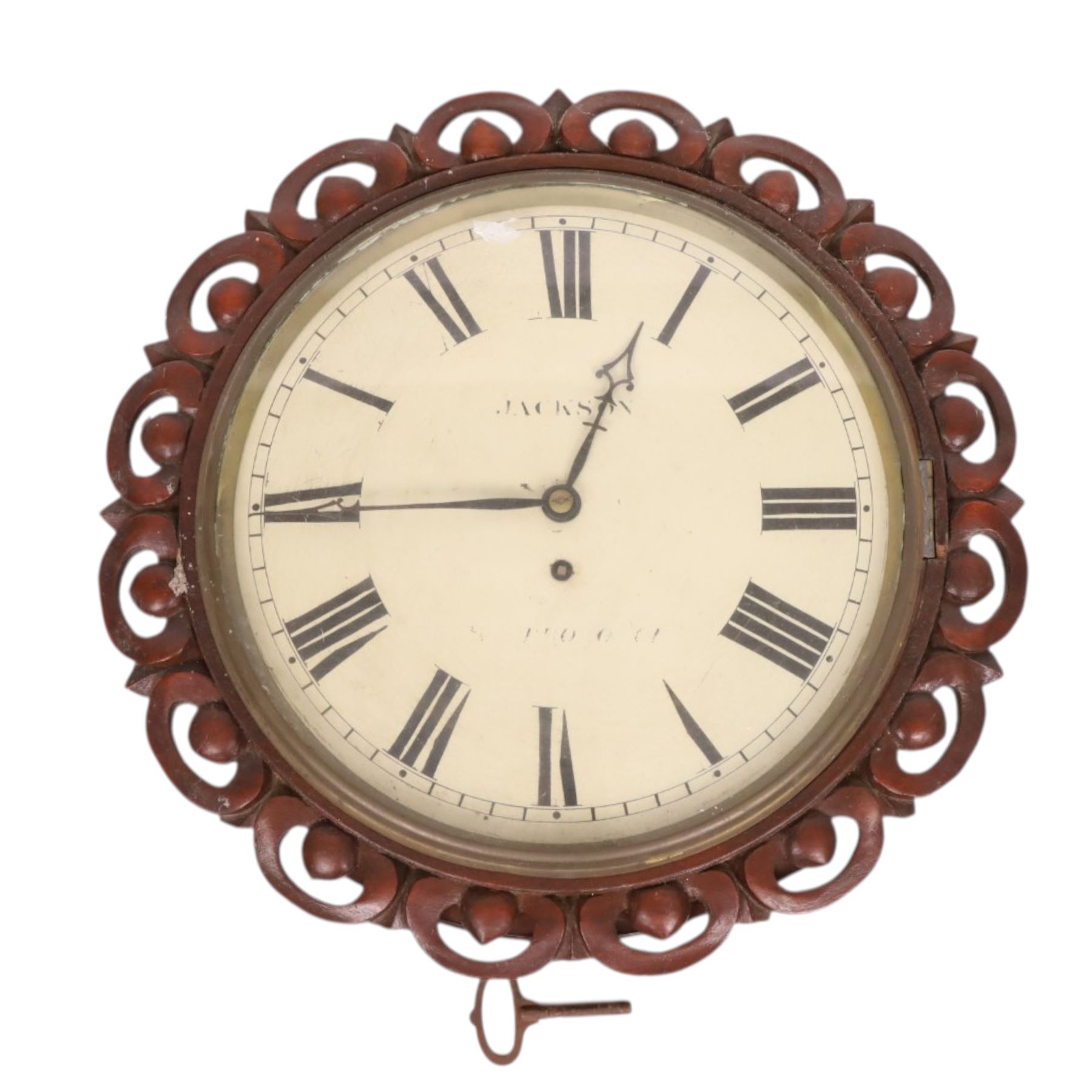 Mahogany wall clock, painted dial signed Johnson London , D42cm