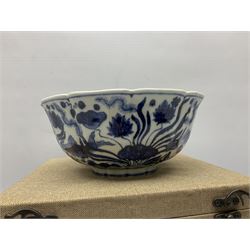Chinese blue and white bowl, of lobed form painted with fish amidst lotus flowers, with Xuande six character mark to base, D23cm, boxed