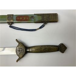 Three reproduction swords - Japanese katana and saya; Tai Chi sword with ornate scabbard; and dress sword with fullered triangular blade and horn handle (3)