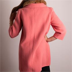 Prada - wool single-breasted camel coat with bright pink outer, with detachable mink fur collar, three-quarter length sleeves, cloth-covered and gold-tone hardware button front fastening, with side slip pockets, size 44, unused