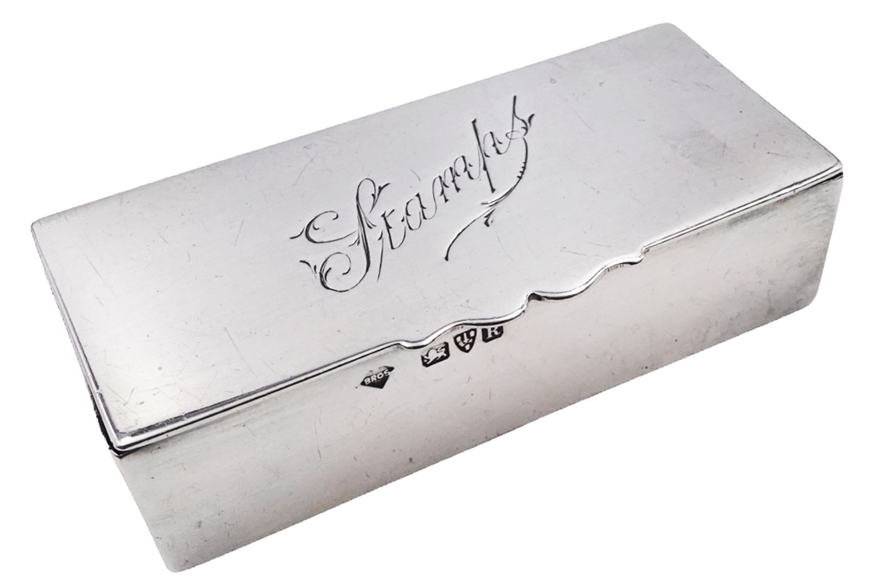Late Victorian silver stamp box, of plain rectangular form, the hinged cover engraved 'Stamps', opening to reveal a gilt interior, hallmarked Mappin Brothers, Chester 1900, L7.5cm, approximate weight 1.89 ozt (58.8 grams)
