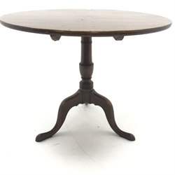 Georgian mahogany tilt top circular table, single turned column, three shaped supports, D91cm, H76cm