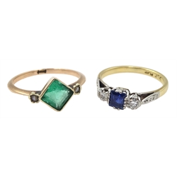 Gold sapphire and diamond ring, stamped Plat 9ct and gold emerald and split seed pearl ring, stamped 9ct