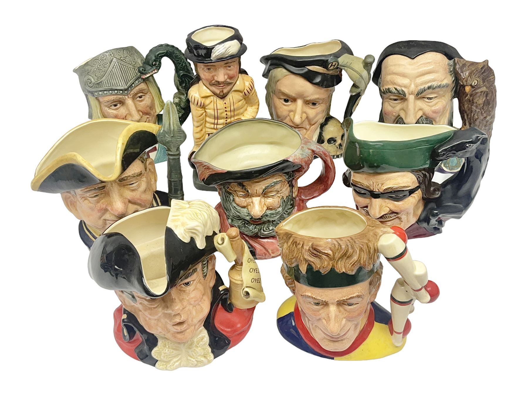 Eight Royal Doulton character jugs, including St George D6618, Guardsman D6568, The Juggler D6835 etc, together with Royal Doulton toby jug Sir Francis Drake D6660