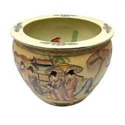 Chinese fish bowl of satsuma style, the exterior decorated with traditional figures, flowers and trees, the interior painted with koi carp, H24cm