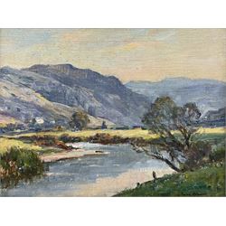 Owen Bowen (Staithes Group 1873-1967): River Landscape, oil on canvas board signed 29cm x 28cm