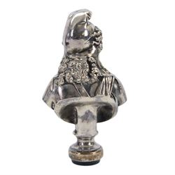 19th century French silver plated seal, modelled as a bust of Attis, Consort of Cybele after Jean Baptiste Clesinger, cast by the Marnyhac foundry, the bloodstone stamp with crest and Latin motto 'Festina Lente' (make haste slowly), H10cm, contained within original maker's fitted brown leather box with purple silk and velvet lined interior detailed 'MARNYHAC 1 RUE DE LA PAIX' 

Provenance: From the collection of Andrew Chichester Everitt.