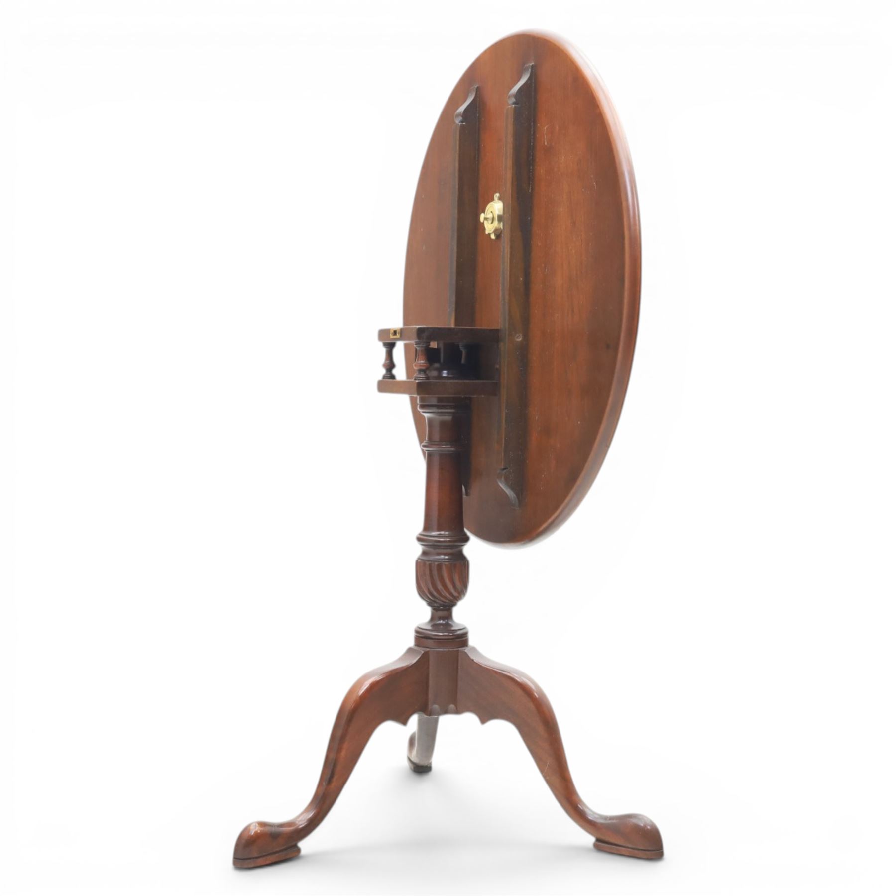 Georgian design figured walnut tripod table, book-matched sun-burst veneered circular snap top, raised on a turned column, above cabriole legs with pad feet