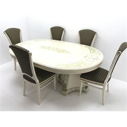 Italian style dining table, oval top with green marble finish spandrels, gilt scroll work and detail, central stepped lozenge motif, on two concaved square tapering pedestals with fluted uprights mounted with gilt acanthus scrolls (W198cm, H74cm, D130cm) and set five cream and gilt finished dining chairs, upholstered back and seat, turned tapering supports (W50cm)