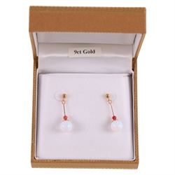 Pair of 9ct gold opal and ruby pendant earrings, boxed, L22mm