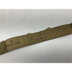British Army Officers Sam Browne leather belt with shoulder strap; and webbing belt with Potter London Staybrite buckle for 19th Regiment of Foot (Green Howards) with various markings (2)