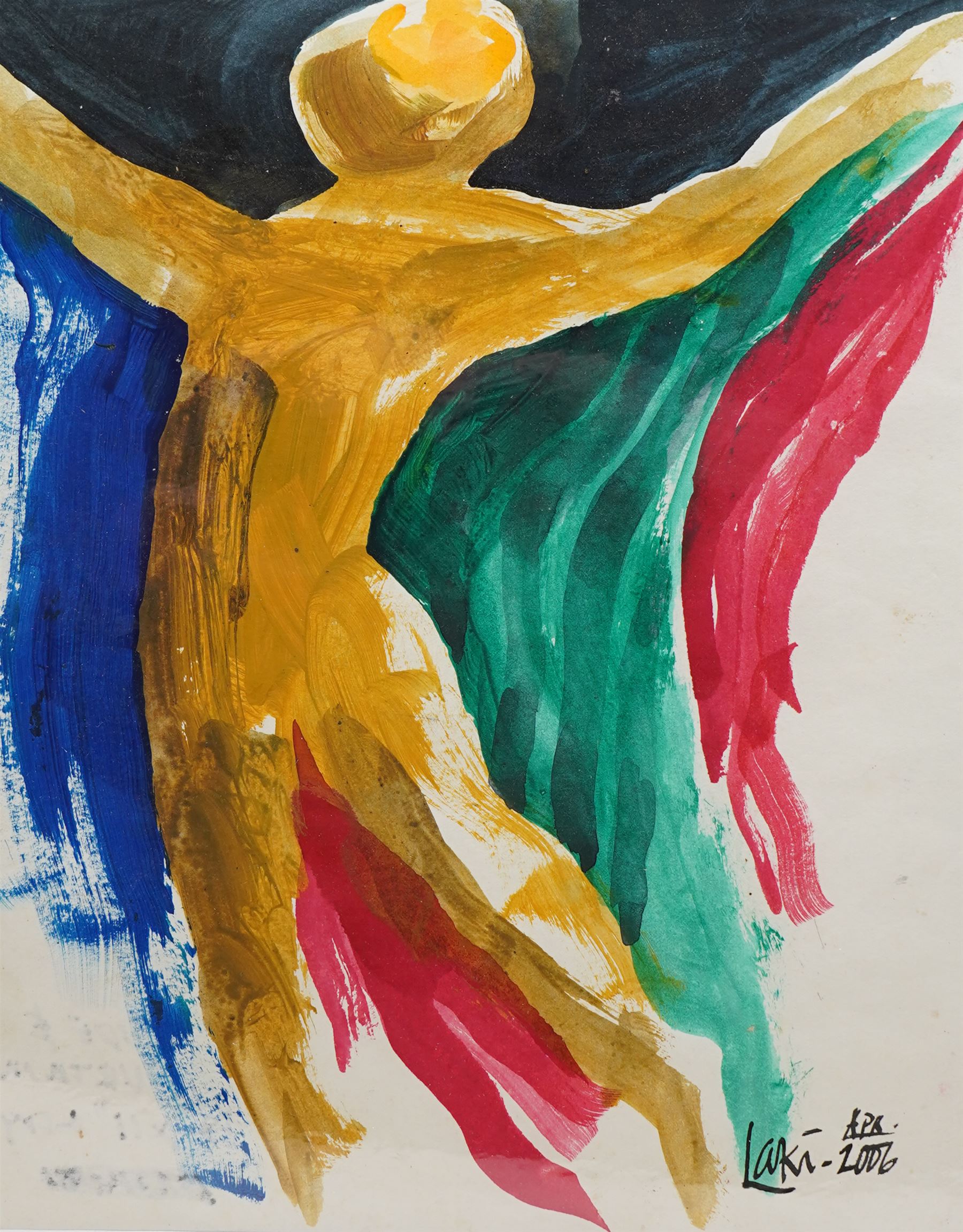 Laki Senanayake (Sri Lankan 1937-2021): 'Nude and Curtain', acrylic  on card signed and dated April 2006, 32cm x 26cm (unframed)
Notes: Internationally renowned Sri Lankan artist (painter and sculptor)
Provenance: Acquired from the artist from his studio at Diyabubula Watta, Kalundewa Road, Dambulla - Sri Lanka. The artist was a close friend of the vendor who over time acquired a large number of works.