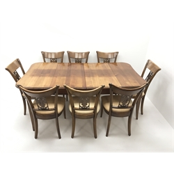  French cherry wood extending dining table, moulded top, single drawer to one end, tapering sabre supports (W194cm, H77cm, D110cm) and set eight matching chairs, shaped cresting rail, pierced splat, upholstered seat (W49cm)  