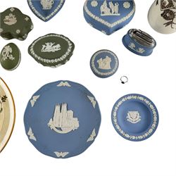 Collection Wedgwood Jasperware including clock, lighter, biscuit barrel and trinket boxes, together with other Wedgwood  