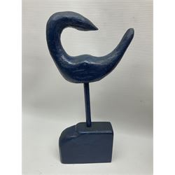Helen Skelton (British 1933 – 2023): Four carved wooden abstract sculptures, including a bird, knot, face and abstract tree, largest H37cm. Born into an RAF family in 1933 in Kent and travelled the world extensively during her childhood. After settling in Bridlington, Helen immersed herself in painting, textiles, and wood sculpture, often inspired by nature's beauty. Her talent was showcased in a one-woman show at Sewerby Hall and recognised with the sculpture prize at Ferens Art Gallery in 2000. Sadly, Helen’s daughter passed away from cancer in 2005. This loss inspired Helen to donate her sculptures to Marie Curie upon her passing in 2023.