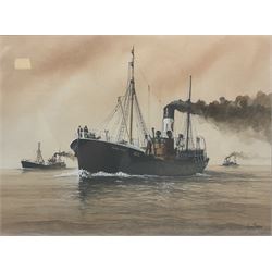 Adrian Thompson (British 1960-): 'Evening Tide' Steam Trawlers in the Humber, watercolour signed, titled and dated '93 verso with artist's address label 34cm x 46cm  
