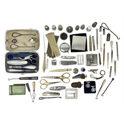 Pair of Wedgewood jasperware unicorn cufflinks, silver handled part manicure set, enamel flip notebook, dolls leather gloves, Stratton compact, and a collection of sewing accessories including thimbles, button hooks, thimble holder, scissors etc 