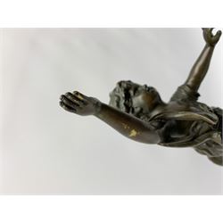 After E Plat, bronze modelled as a dancing child, signed E. Plat, upon cylindrical black marble base, H40cm