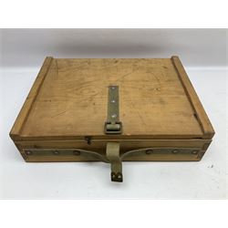 Collection of nineteen British Army booklets 1940s - 1970s including Small Arms Training 1944, various Infantry Training, Cadet Training Manual 1978, Signal Training, Commander's Aide Memoires etc; 1950s blue beret with Yorks Brigade badge; part travelling toilet set in cloth roll; all contained in pine box with webbing straps