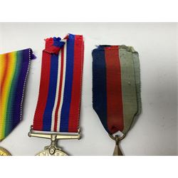 WW1 British War Medal awarded to 28885 Pte. A. Hey R. War. R.; WWI Victory Medal awarded to 7633 Pte. E. Edwards L'Pool R.; two WWII medals; Royal Navy Temperance Society Medal; Services Rendered badge No.B55177; and Home Guard lapel badge