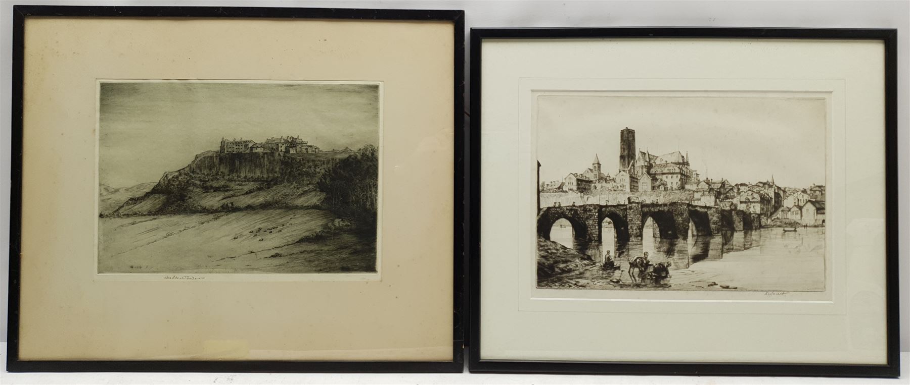 Douglas Ian Smart (British 1879-1970): 'Limoges', drypoint etching signed in pencil, titled verso on gallery label; Romain Malfliet (Belgian 1910-2006): Busy Continental River, etching signed titled and numbered 43/100 in pencil; and a further Scottish coastal etching signed Walter Towers, max 24cm x 68cm (3)