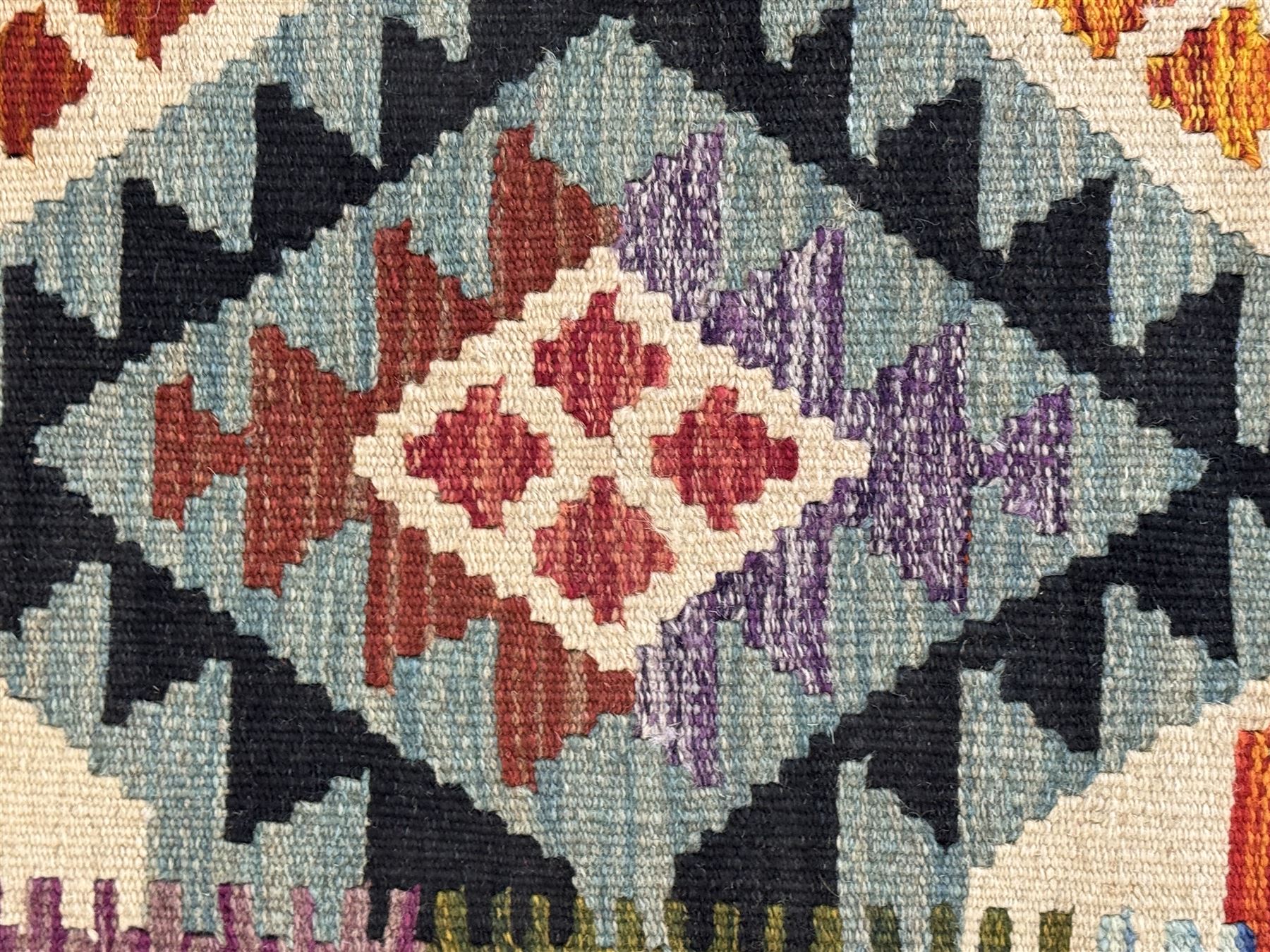 Afghan Maimana Kilim flatweave runner, handwoven with a deep teal ground showcasing a vibrant multicoloured diamond-lattice design in the traditional Maimana style, enclosed by stylised borders and finished with fringed edges 