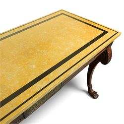 William IV mahogany and brass-inlaid marble serving table, the rectangular marble top featuring yellow tones, bordered by inlaid coloured marble bands in red and black, the frieze with brass-inlaid Boulle-inspired foliate panels on ebony, lower edge with beaded moulding, front legs inlaid with a stripped band of coromandel above carved acanthus leaves, tapering to carved lion paw feet, circa 1830