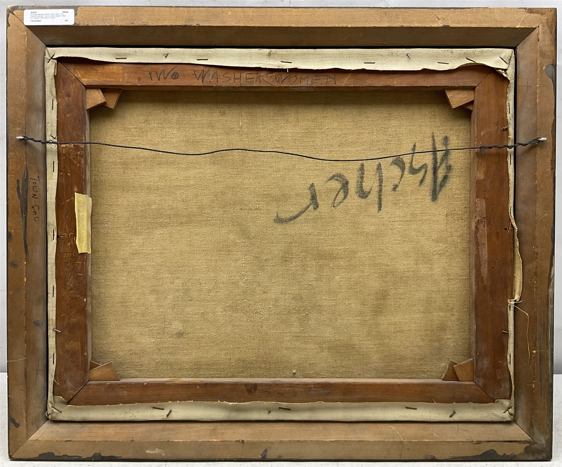 Georges Ascher (Polish 1884-1943): 'Two Washer Women', oil on canvas signed, titled and signed verso 40cm x 50cm
Notes: Ascher was a cousin of the painter Roman Kramsztyk. He studied architecture at the Warsaw University of Technology and then continued his studies in Germany. During the war, which set Poland against the Red Army (1919-1921), he joined the Polish army alongside Marshal Piłsudski, and was wounded during the battle of Lwow. After the Polish authorities decorated him, Ascher moved to Lwow and then to Warsaw. He married and became an architect. Moving to Paris in 1925 he devoted himself to art. In 1937, he left his apartment in Paris with his wife and daughter for La Ciotat, where he painted many landscapes. In 1943, Georges and his wife were arrested and sent to the Gurs internment camp. They were deported on convoy number 60 and were died in Auschwitz. Much of Ascher’s work was destroyed in his studio while he was arrested. 
Jewish Artists of the School of Paris 1905-1939 - From 1905 to 1939, Paris attracted artists from all over the globe as the capital of the art world. This period of artistic proliferation became known as the School of Paris, and includes a great diversity of artistic expression. Within the teeming art world centred on Montparnasse, one group set itself apart: Jewish artists from Russia, Poland, and Central Europe. Although their styles were diverse, they shared the common fate of fleeing anti-Semitic persecutions in their home countries. Some became famous in the 1920s, such as Soutine, Lipchitz, and Chagall, while others did not have the time or the luck to gain renown. Nearly half of these artists died in Nazi concentration camps.