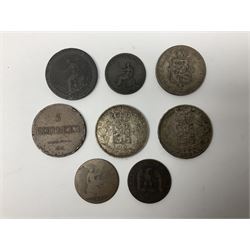 Two Belgium silver five franc coins dated 1868 and 1870, Kingdom of Hannover 1845 one thaler etc (8)