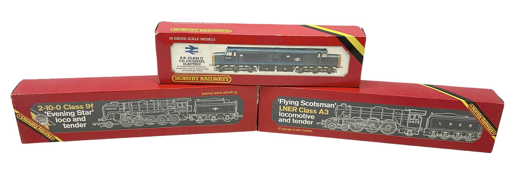 Hornby '00' gauge - Class 9F 2-10-0 locomotive 'Evening Star' No.92220; Class A3 4-6-2 locomotive 'Flying Scotsman' No.4472; and Class 37 Diesel Co-Co locomotive No.37130; all boxed (3)