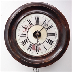  Early 20th century wall hanging postman's alarm clock, circular stained beech cased, single weight driven movement, D28cm  
