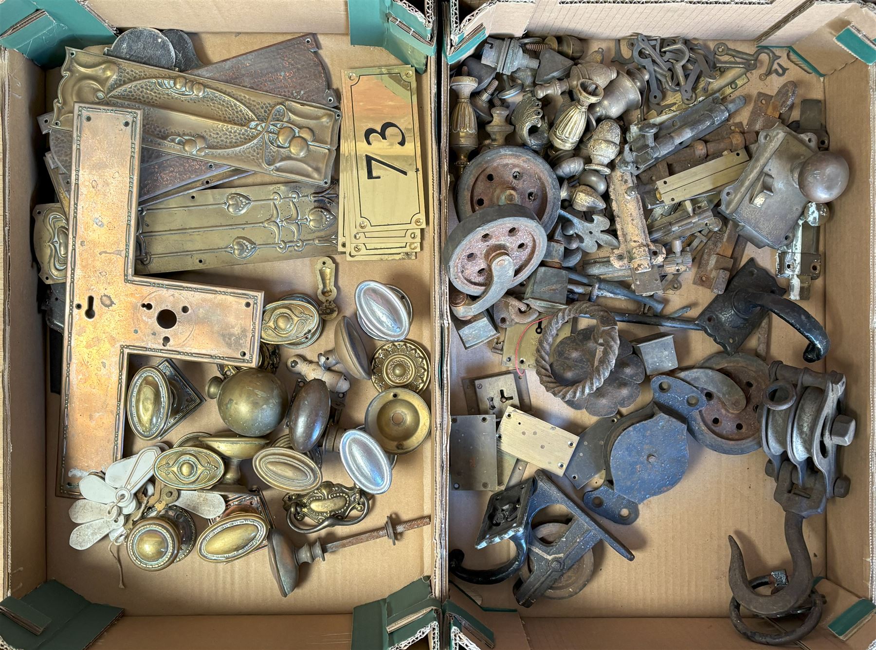 Collection of mainly early 20th century door furniture, to include Art Nouveau brass finger plates, brass door pulls and knobs, ceramic escutcheons and latches, together with other antique hardware. (some later)  - COLLECTION BY APPOINTMENT FROM: The White House, Thirsk Road, Easingwold, York, YO61 3NF - CALL 01723 507111 TO ARRANGE