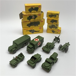Dinky - eight military vehicles comprising 7.2 Howitzer No.693, Armoured Command Vehicle No.677, Military Ambulance No.626, Armoured Car No.670, 25-Pounder Field Gun No.686, Austin Champ No.674, Army Water Tanker No.643 and Scout Car No.673, all boxed (8)