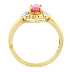18ct gold padparadscha sapphire and diamond ring, single marquise cut sapphire of approx 0.75 carat, in openwork diamond and bead setting, Birmingham 2006