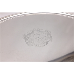  George III silver oval tray with crest, on four scroll and acanthus feet by John Schofield London 1789, L43.5cm approx 61oz  