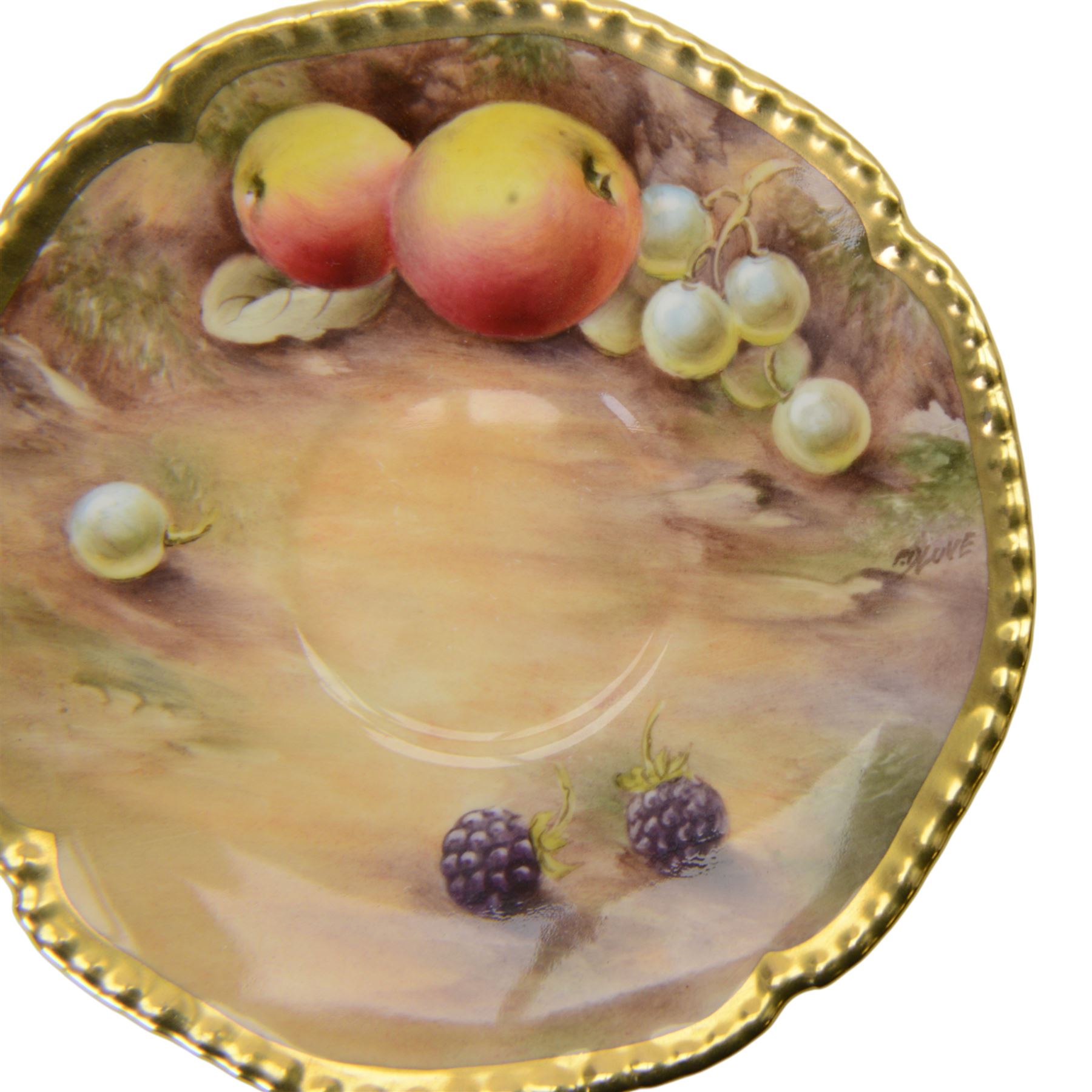 Two Royal Worcester fruit painted scallop edge teacups and saucers, the exterior and saucers decorated with fruits and berries, all signed P. Love, with black printed marks beneath, H8cm 