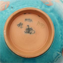 Large Crowan Pottery bread crock, H30cm; together with a studio pottery oval shallow dish, D52cm, and an Alan Caiger-Smith bowl, D42cm, variously marked and inscribed (3)