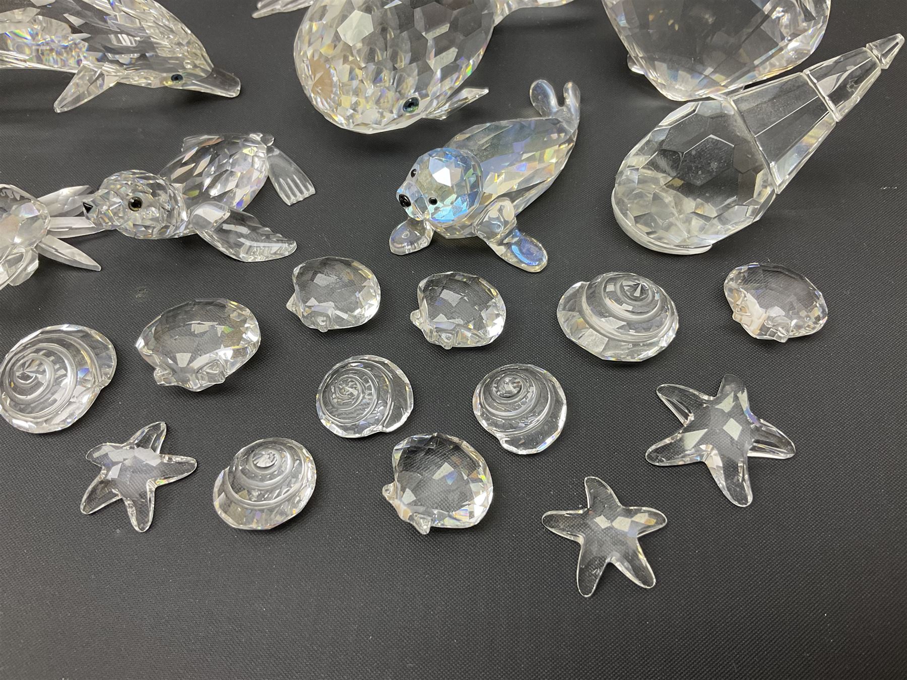 Nineteen Swarovski Crystal sea creatures, to include dolphins, seals, puffer fish, octopus, crabs, together with a quantity Swarovski Crystal shells 