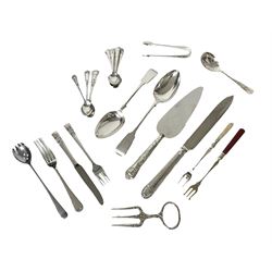 Modern silver handled pie server, hallmarked, and a collection of silver-plated flatware