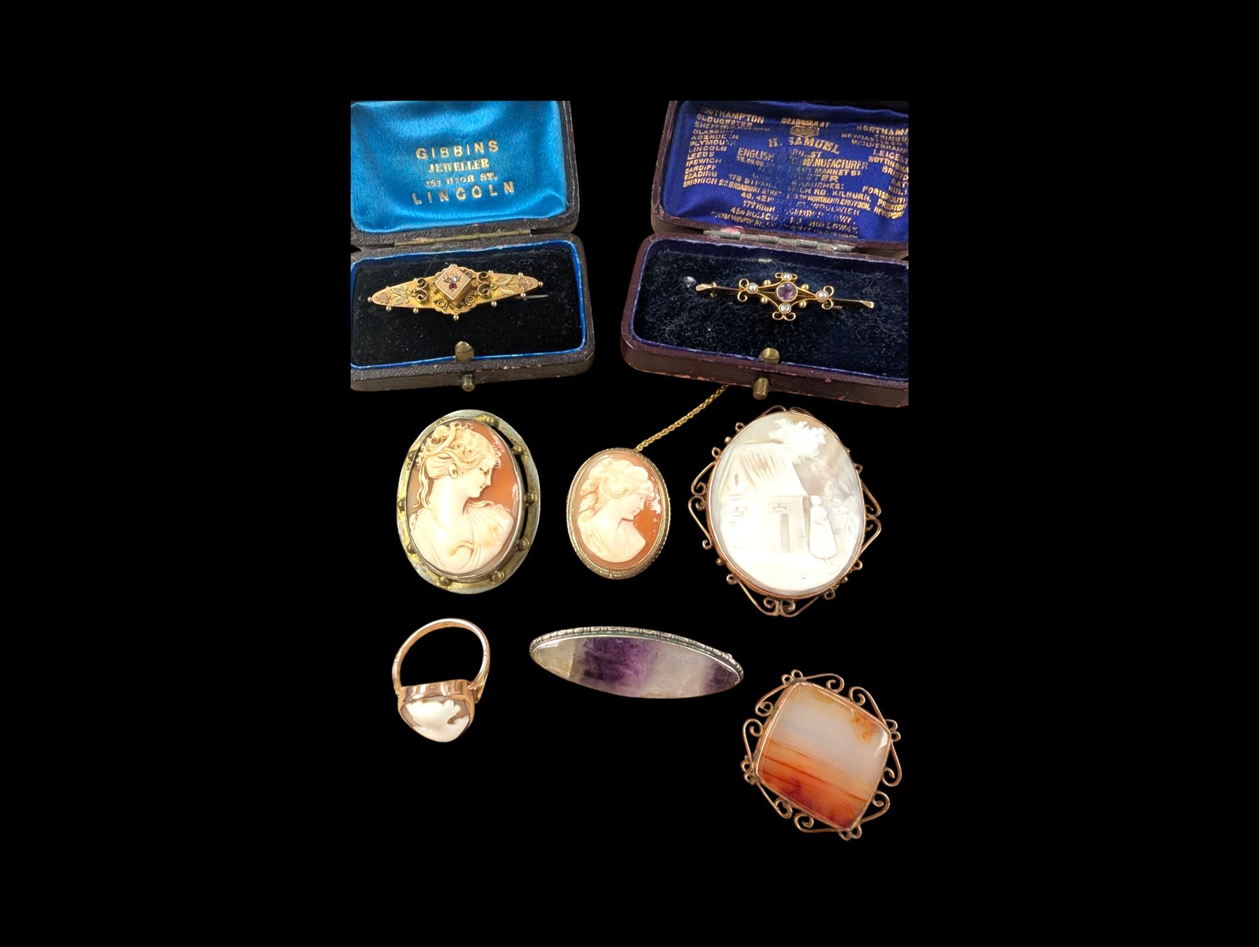 Collection of 9ct gold jewellery, including cameo brooches and ring and silver blue john brooch, silver necklace, etc