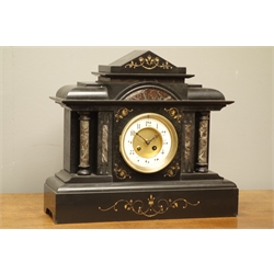  Victorian black slate and marble mantel clock with engraved and gilt decoration, W42cm  